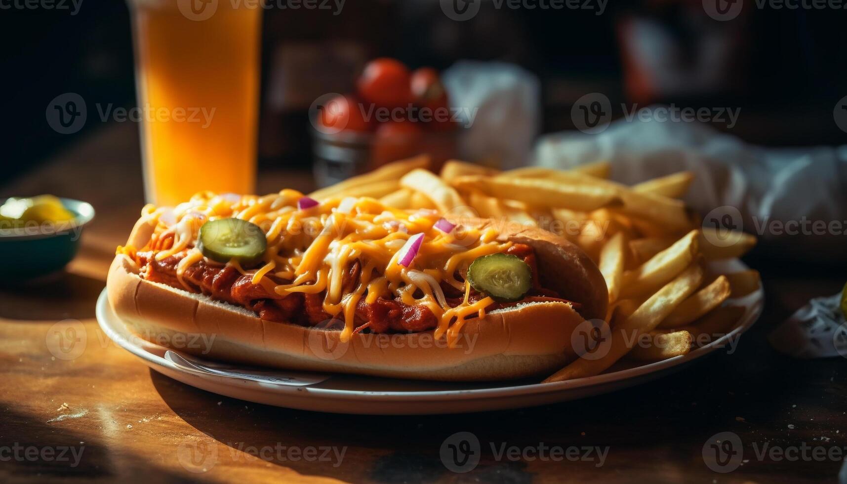 Grilled meat and fries on rustic pub table, unhealthy snack generated by AI photo
