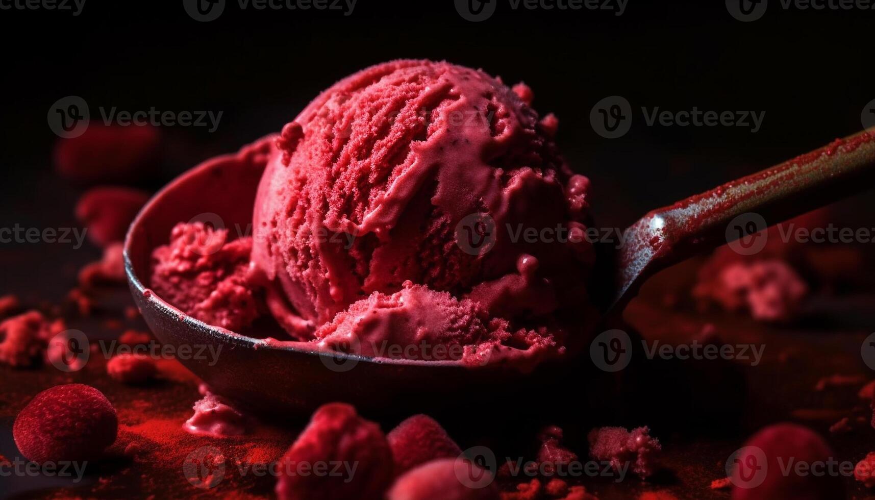 Serving scoop of gourmet ice cream with raspberry and chocolate generated by AI photo