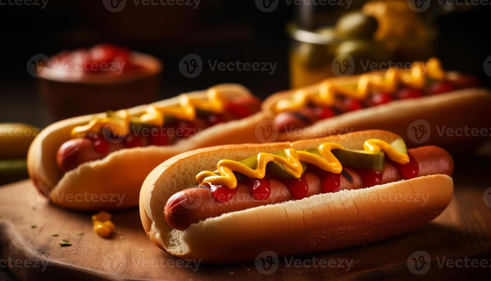 Grilled beef hot dog on rustic table with ketchup and fries generated by AI photo