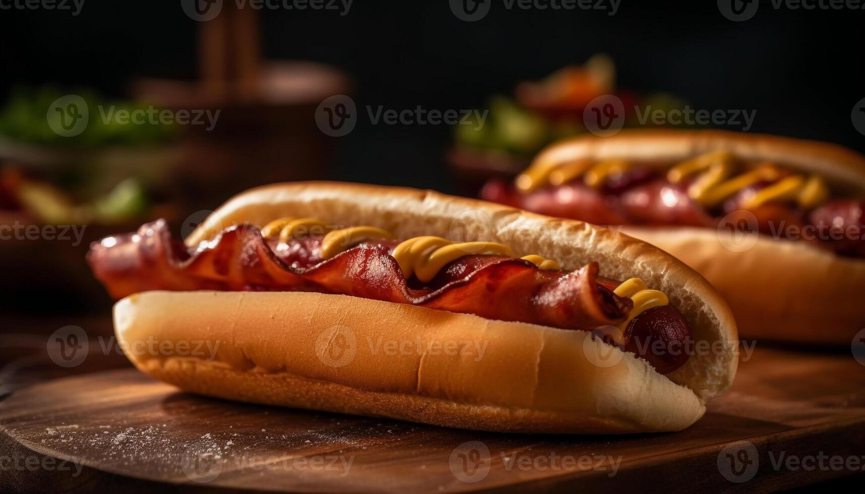 Grilled hot dog on bun with ketchup, onion, and pickle generated by AI photo