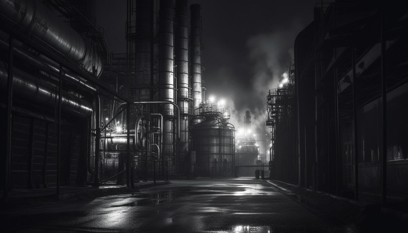 Dark factory architecture illuminates the night with spooky blue lighting generated by AI photo