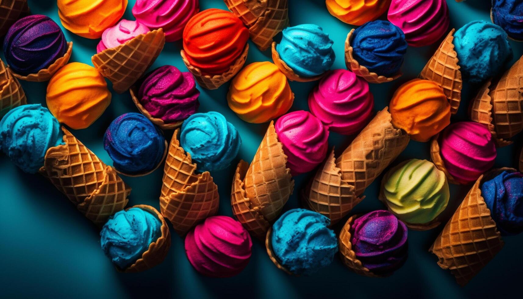 Vibrant colored fashion collection, homemade ice cream cone decoration generated by AI photo