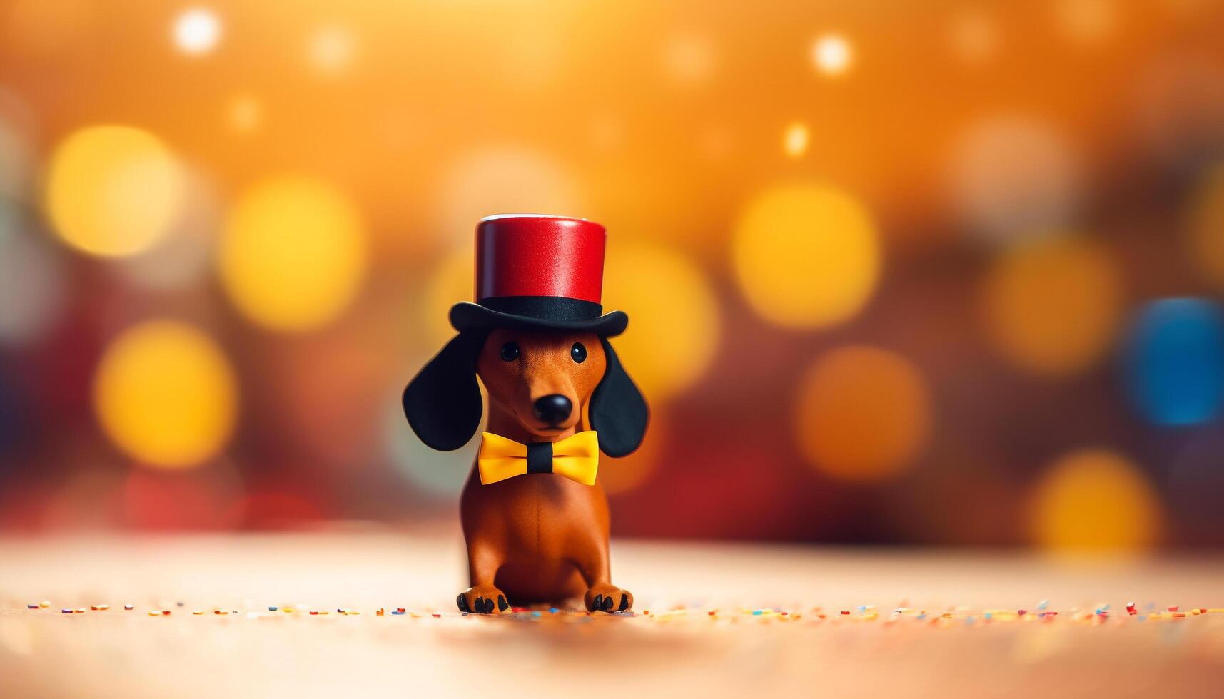 Cute puppy sitting on table with gift, surrounded by decorations generated by AI photo