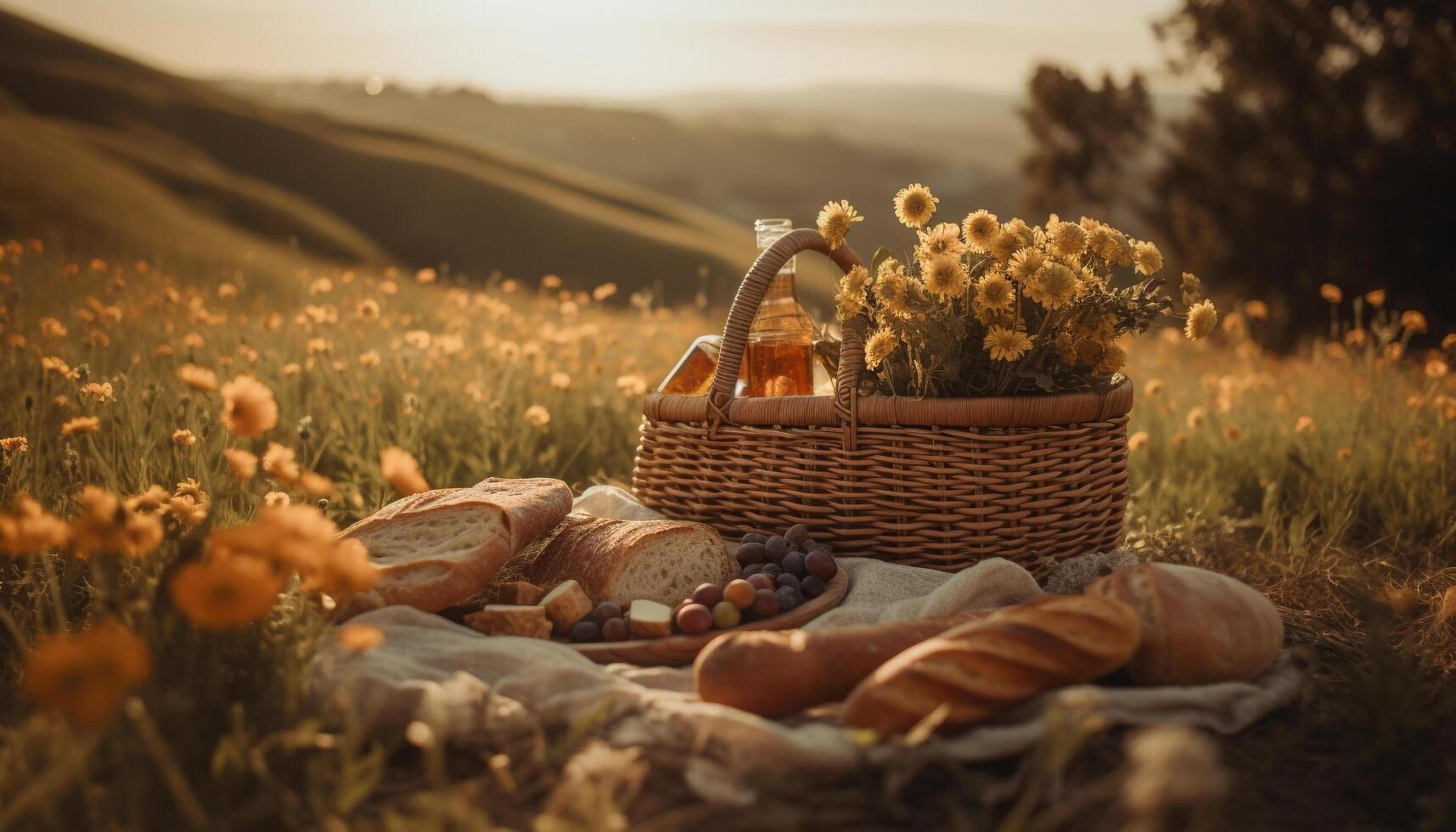 Sun kissed picnic basket filled with fresh organic fruit and bread generated by AI photo