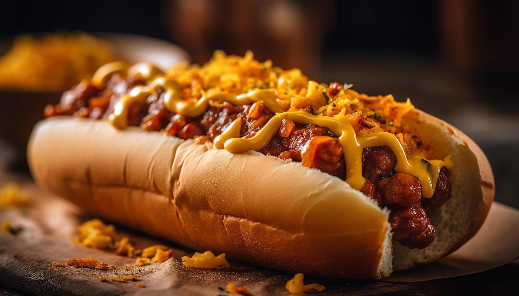 Grilled beef hot dog with ketchup on rustic bun generated by AI photo
