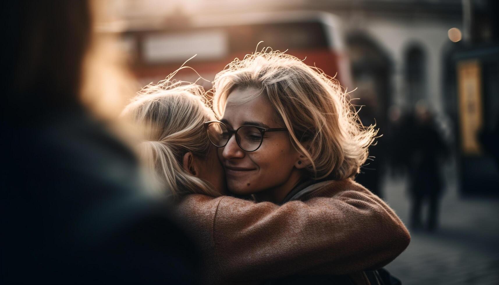 Young adults embrace in nature, smiling with carefree happiness generated by AI photo