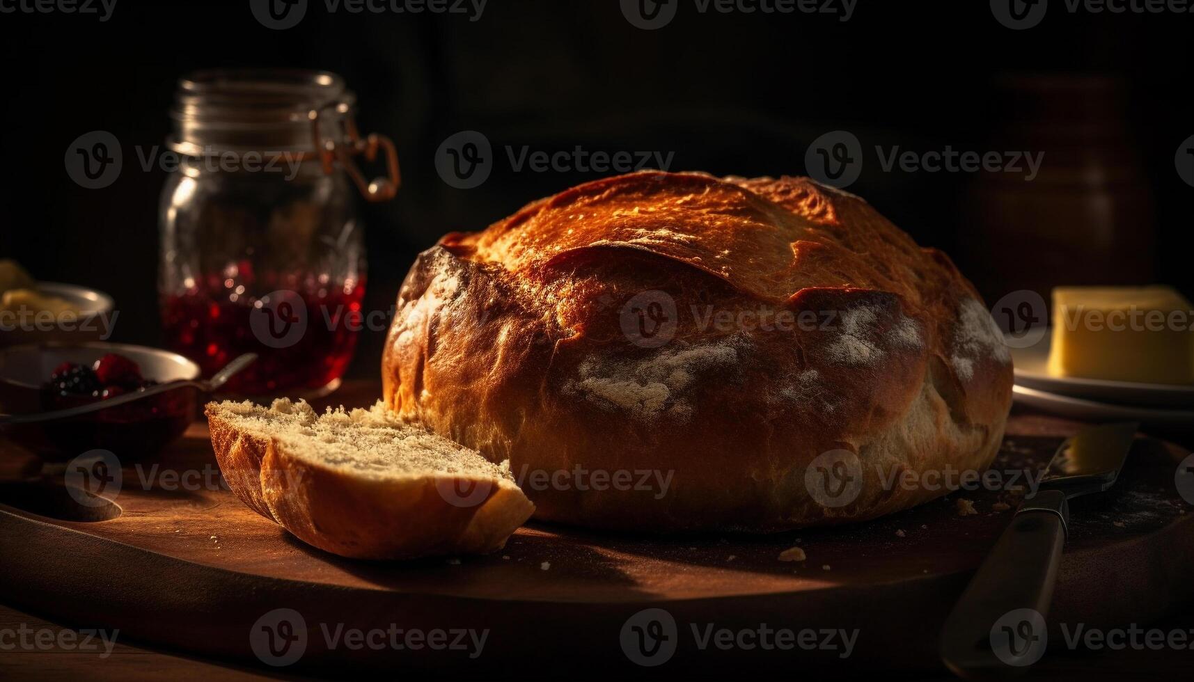 Freshly baked bread on rustic wooden table, ready to eat gourmet meal generated by AI photo