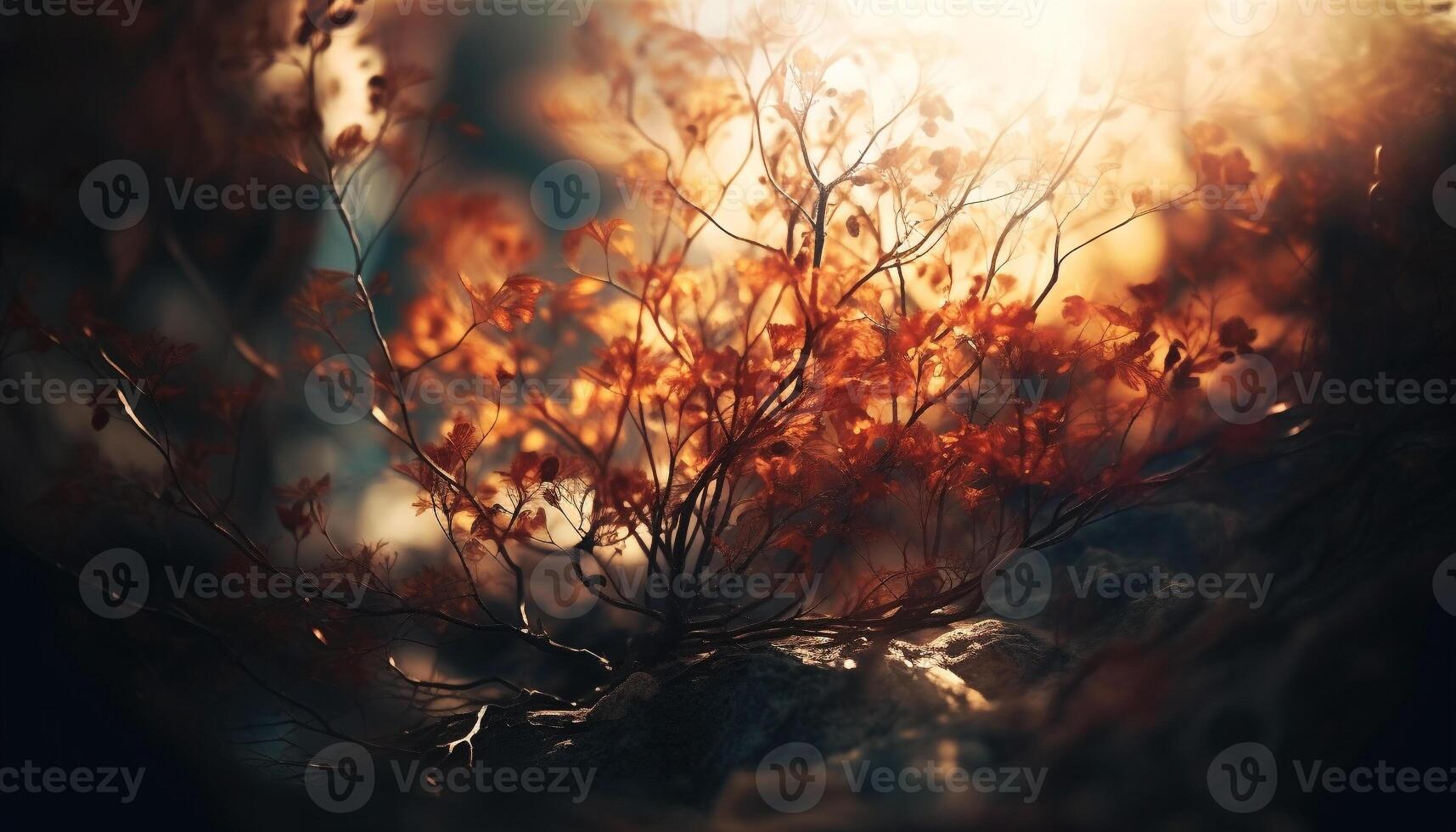 Vibrant autumn tree branch in tranquil forest at sunset generated by AI photo