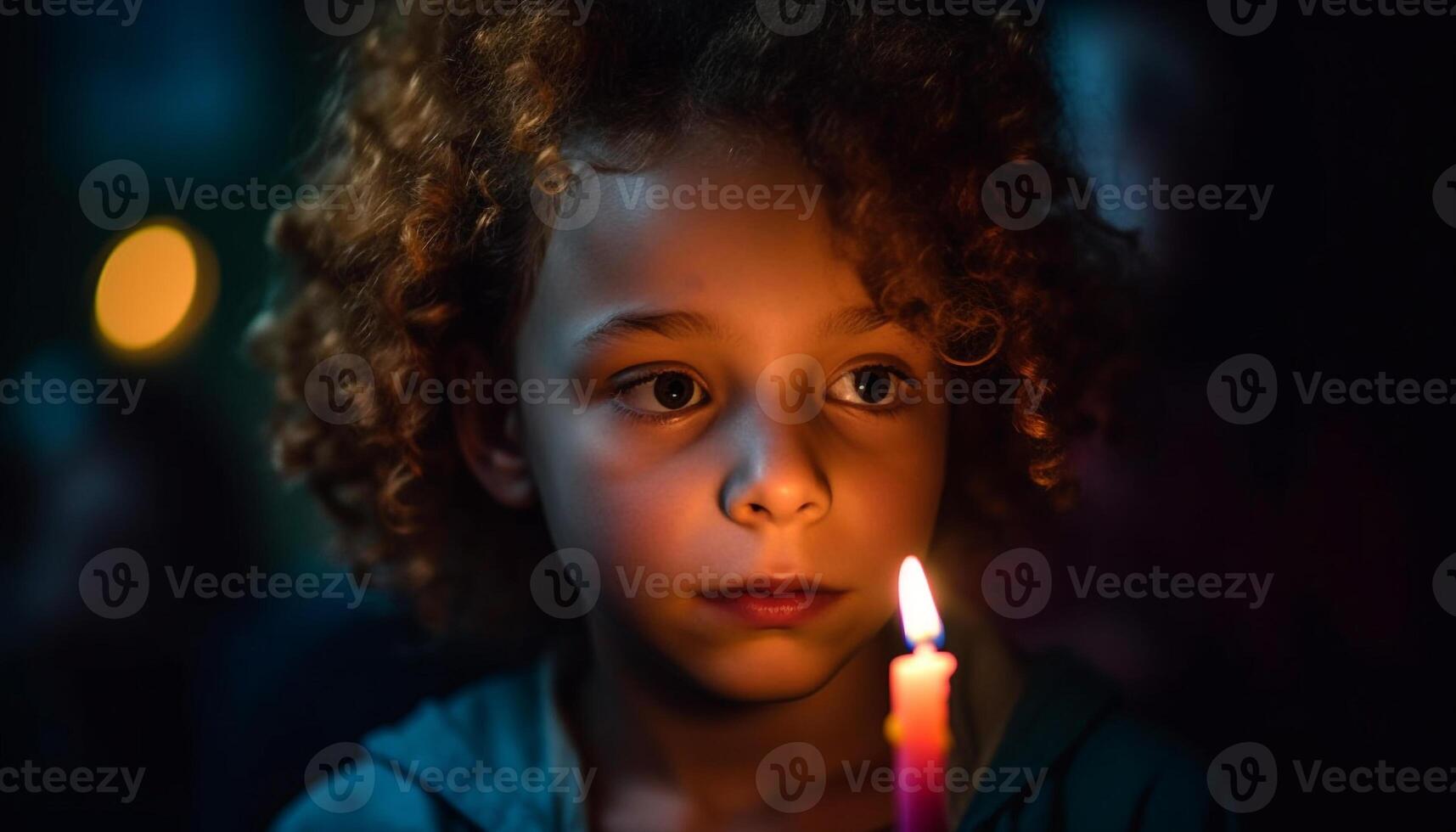 Smiling child with curly hair illuminated by candle flame generated by AI photo