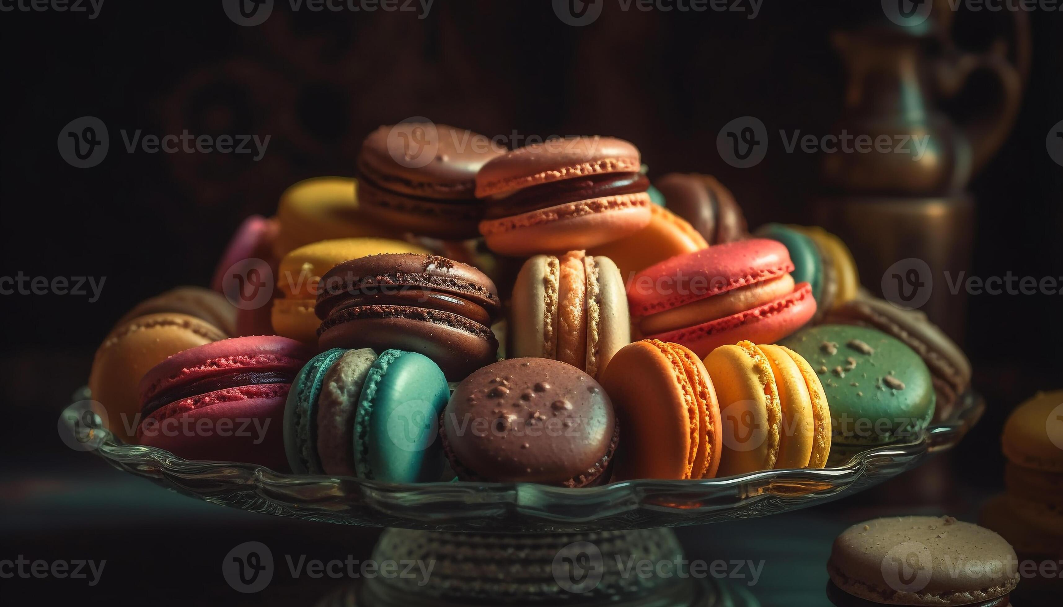 Multi colored macaroons stacked on a rustic wood table, a gourmet