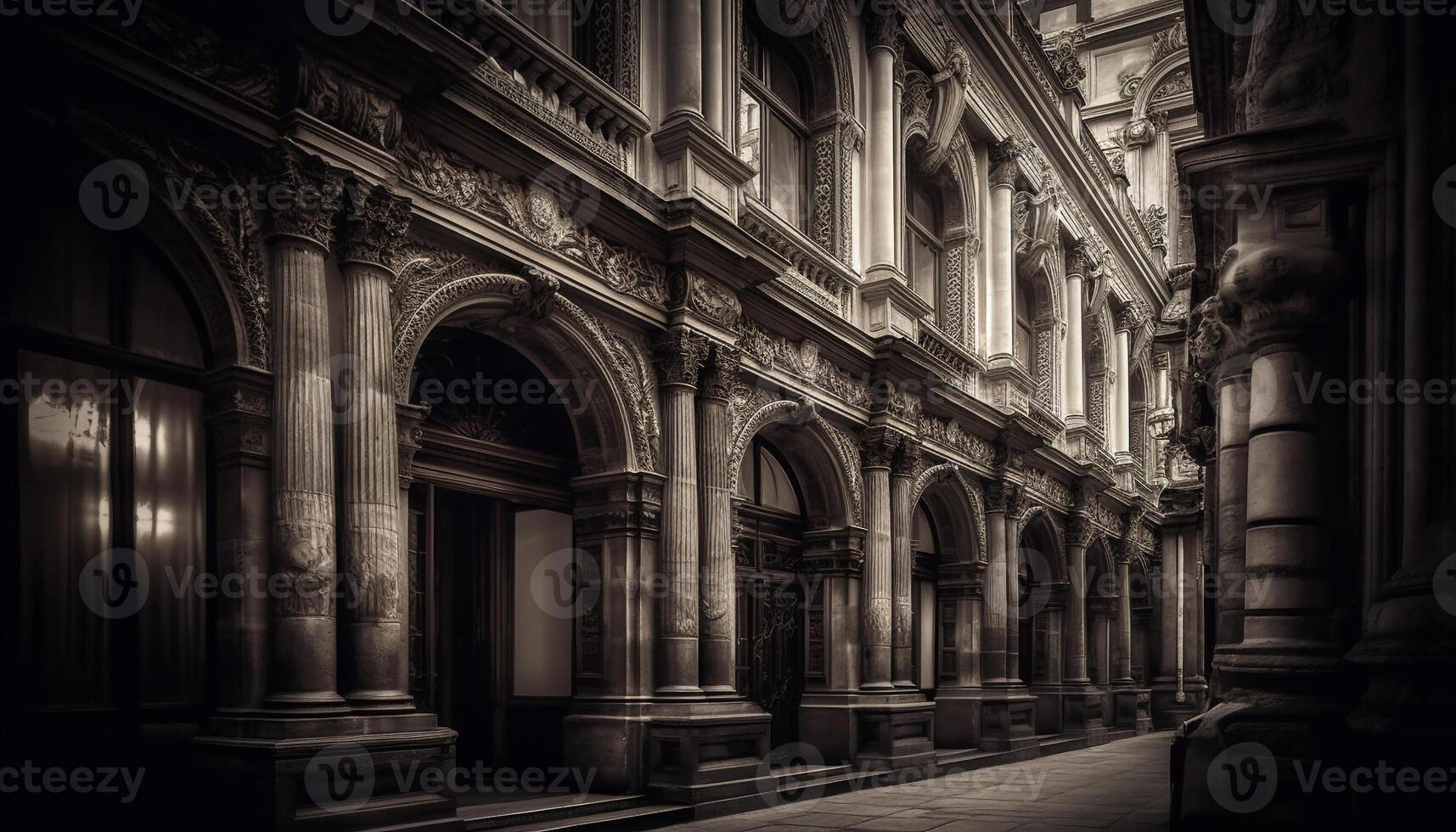 Gothic architecture in old city, black and white monochrome elegance generated by AI photo