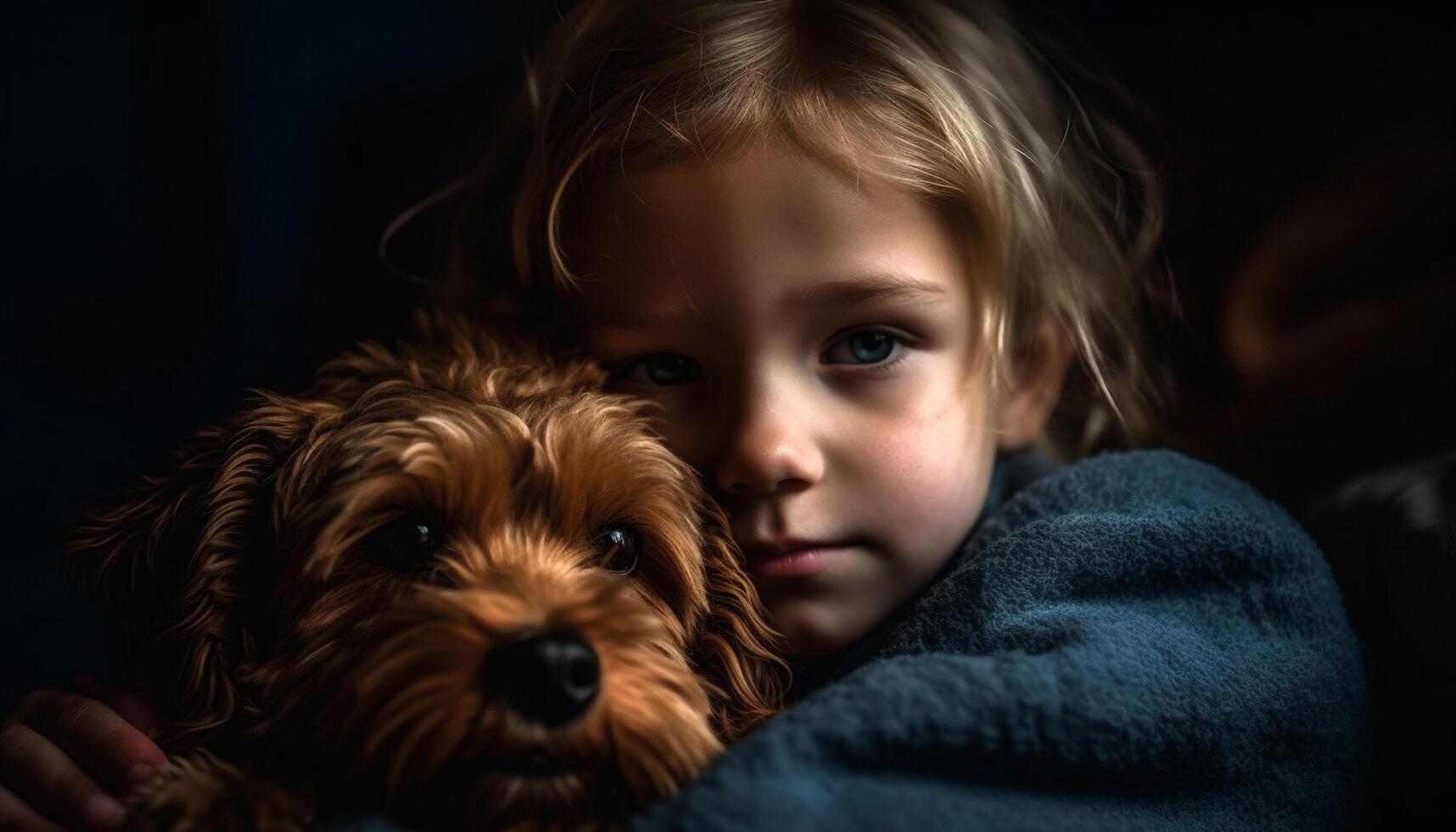 Smiling Caucasian child embracing playful small terrier in close up portrait generated by AI photo