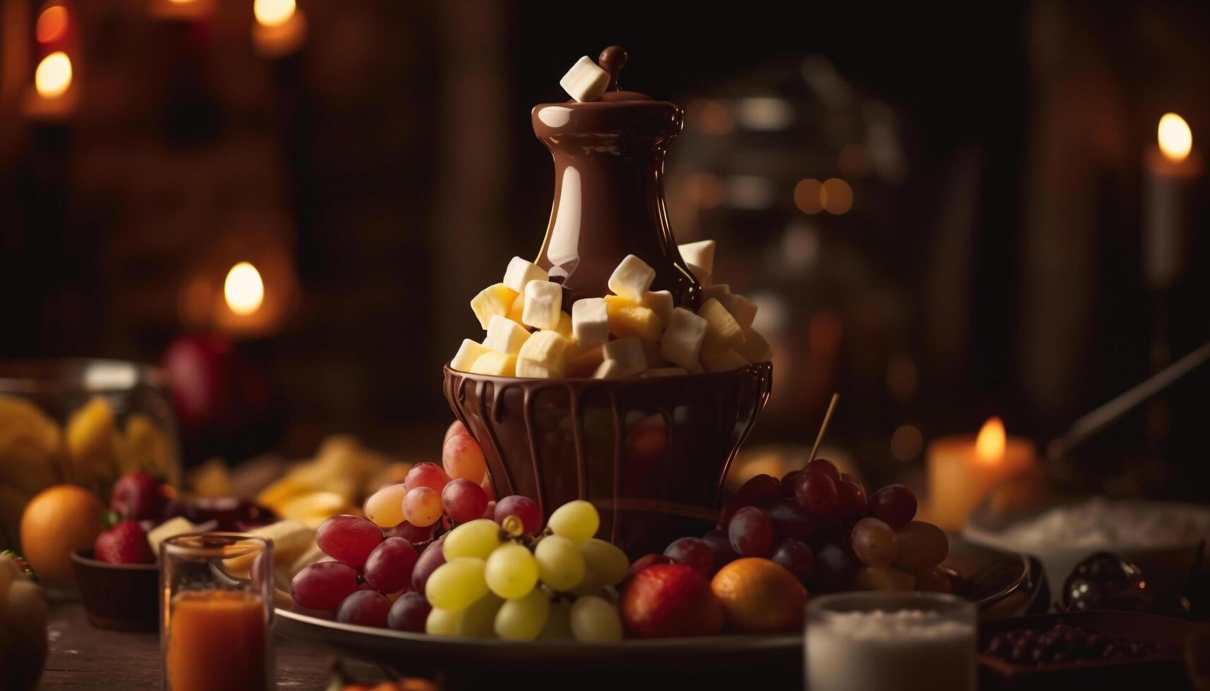 A candlelit still life of indulgent desserts and sweet treats generated by AI photo