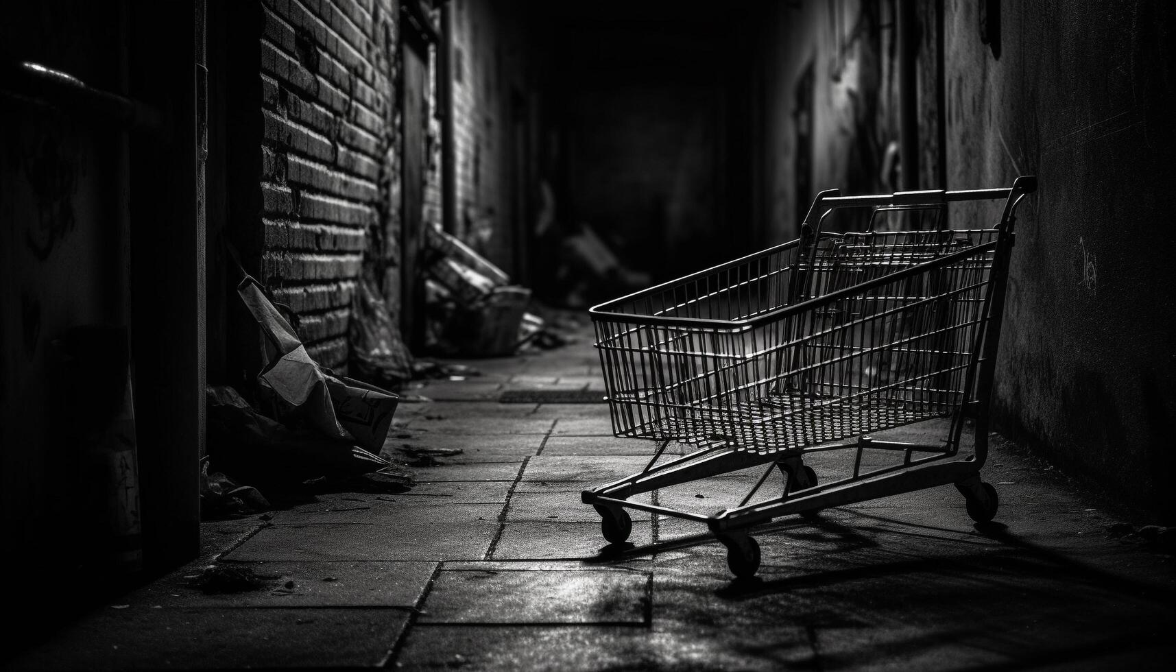 Abandoned old fashioned retail store with rusty metal cart and equipment generated by AI photo