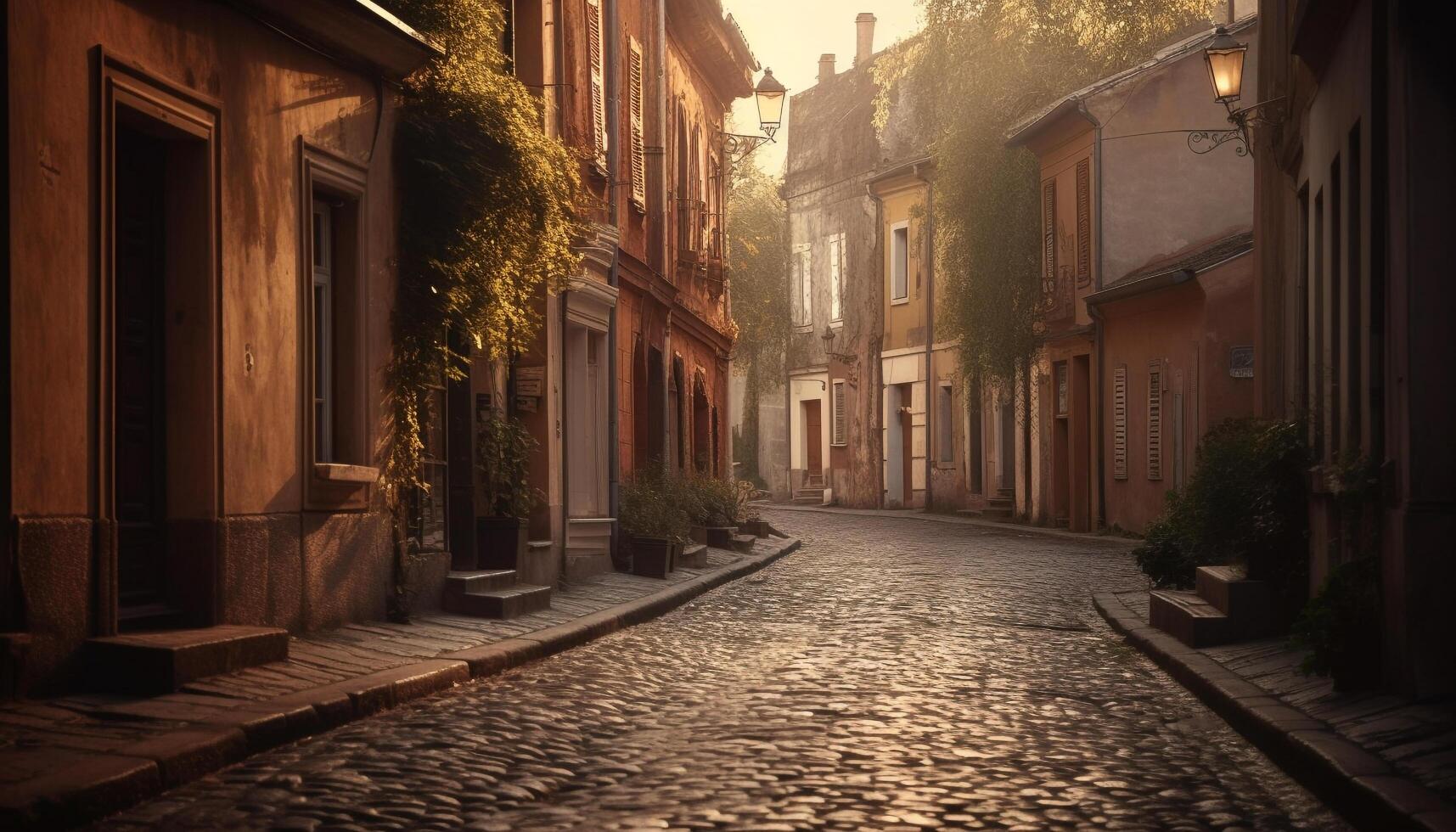 Medieval Gothic architecture illuminates old town narrow cobblestone footpath at twilight generated by AI photo
