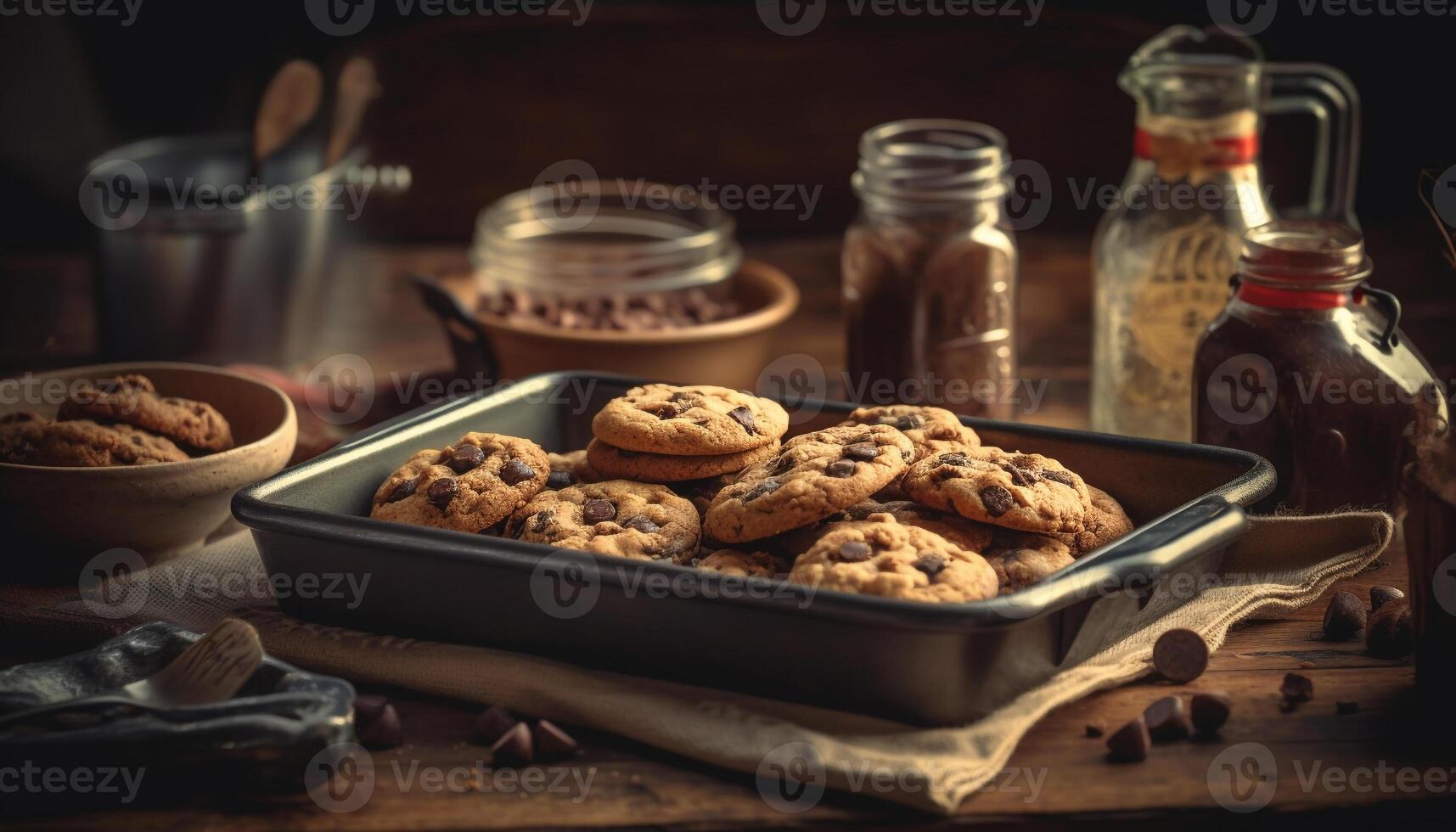 Homemade chocolate chip cookies on rustic wood table with milk generated by AI photo