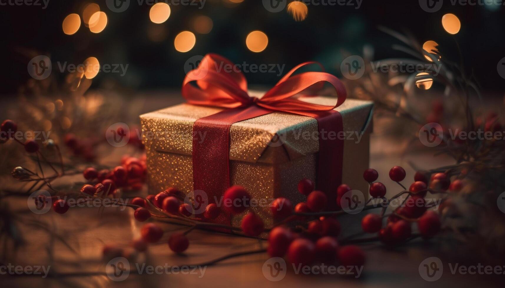 Shiny gift box with Christmas decoration on rustic wooden table generated by AI photo