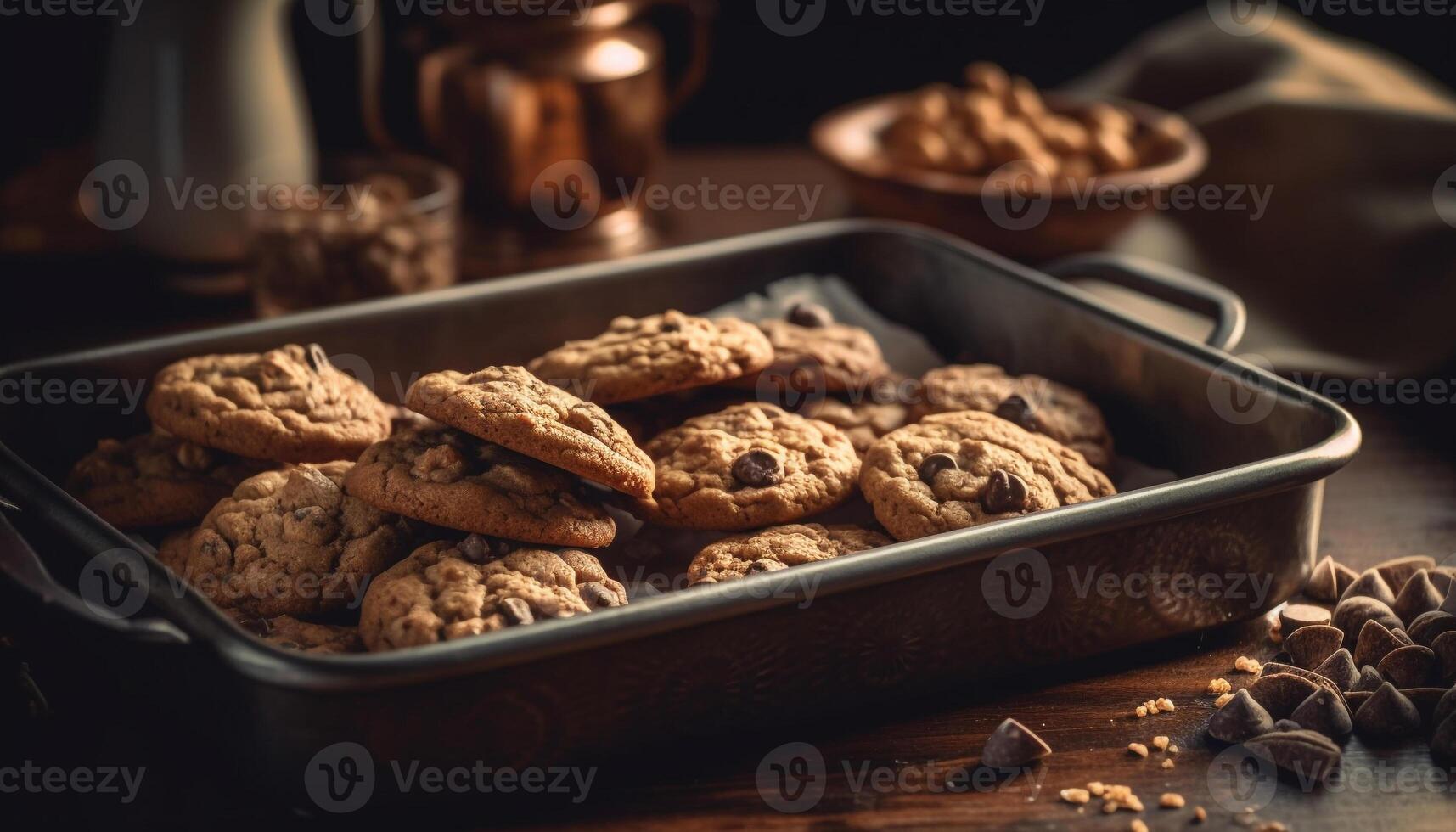 Homemade chocolate chip cookies on rustic wooden table, indulgent snack generated by AI photo