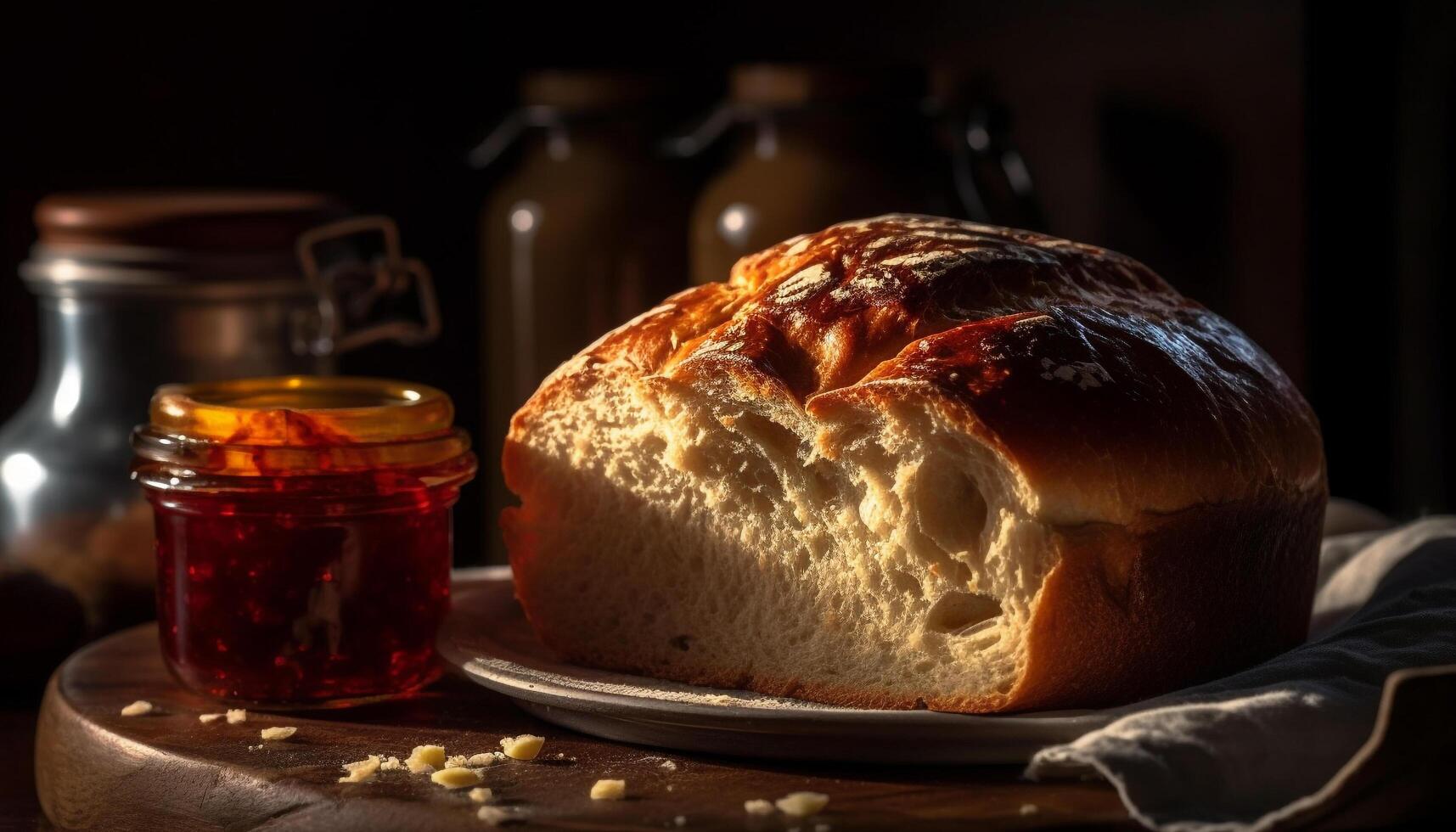 Rustic homemade bread on dark wood table, healthy snack option generated by AI photo