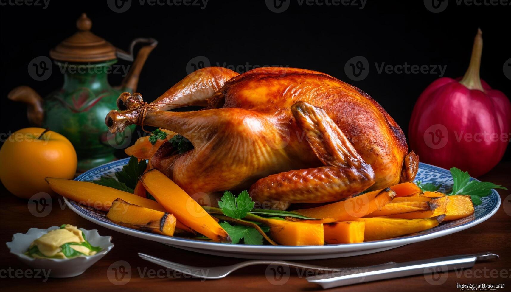 Rustic roast dinner with turkey, chicken, vegetables, and herbs generated by AI photo