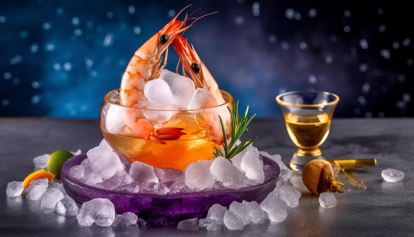 A gourmet seafood meal on a wooden table with lemon refreshment generated by AI photo