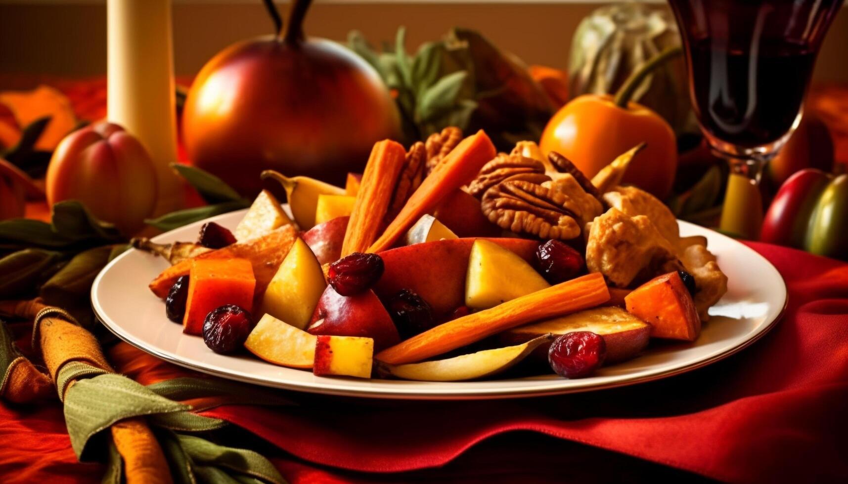 Autumn celebration gourmet buffet with fresh organic fruit and vegetables generated by AI photo