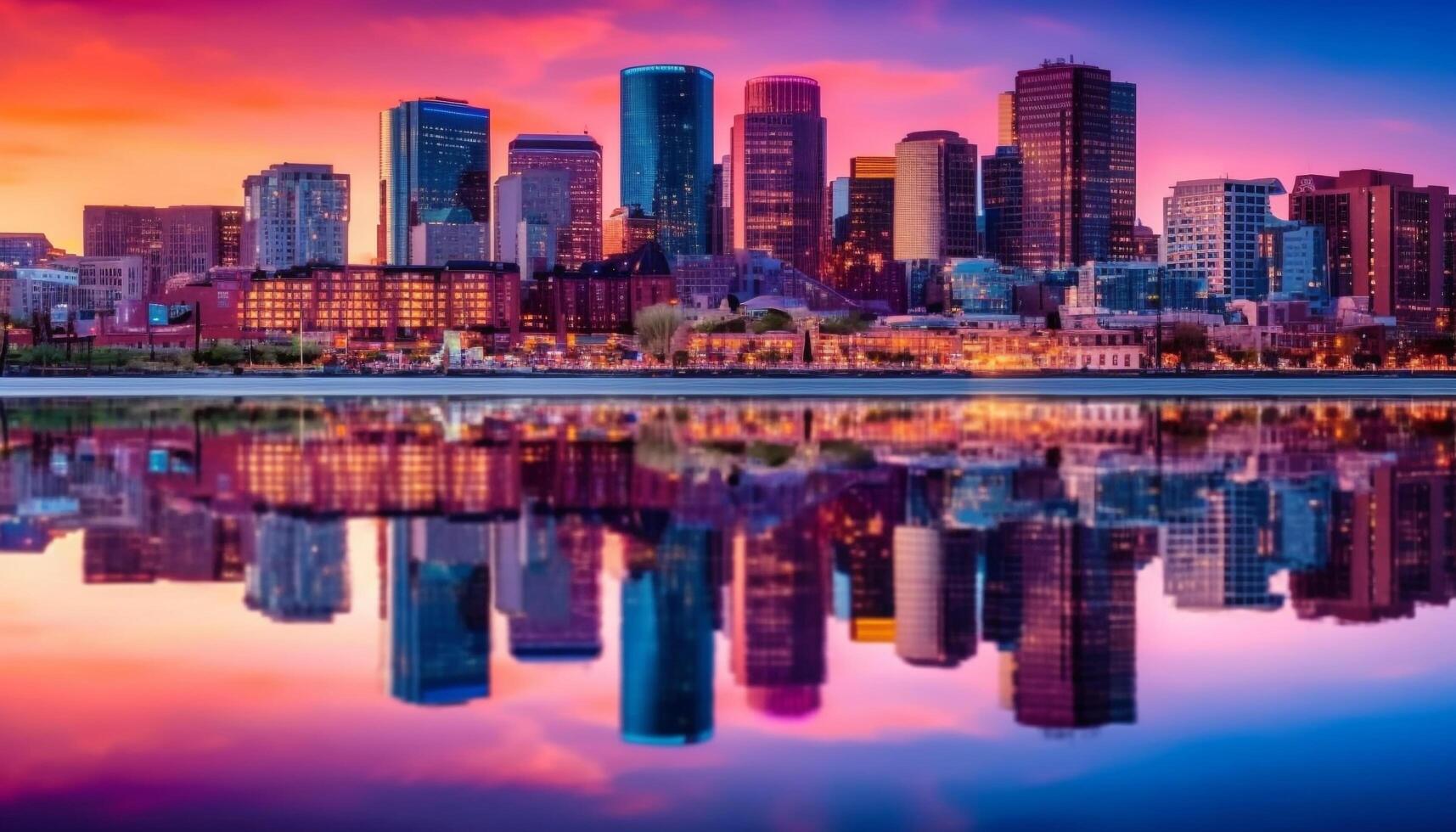 Vibrant Miami skyline reflects in waterfront at dusk, illuminated purple generated by AI photo