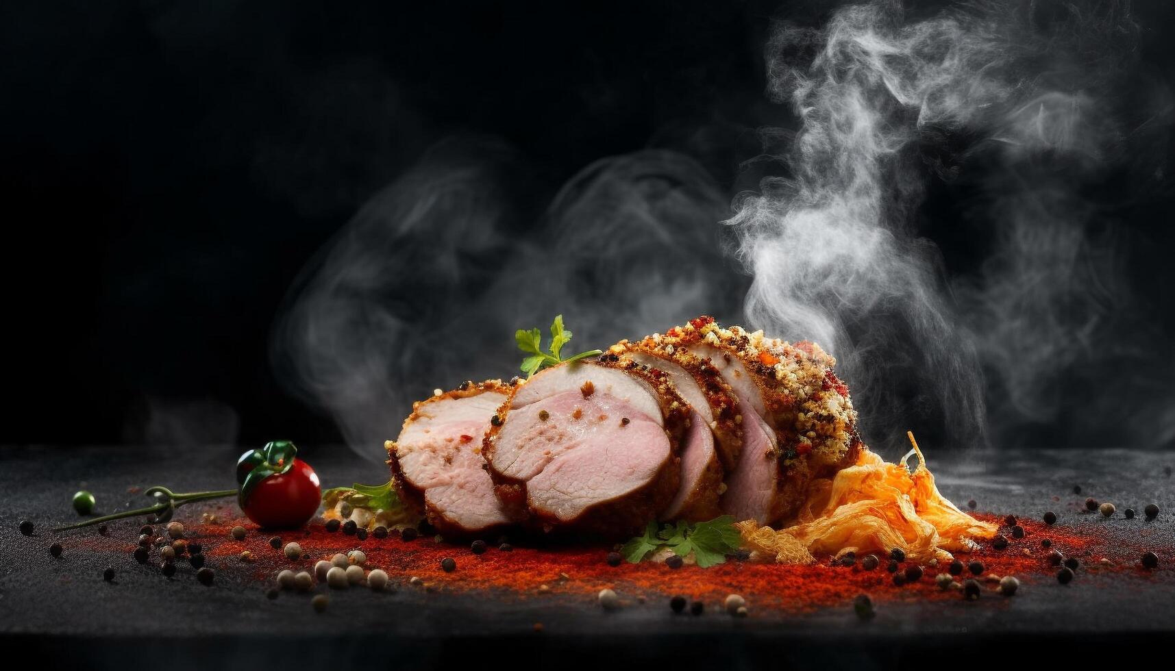 Grilled pork fillet, smoked and spiced, served with fresh vegetables generated by AI photo