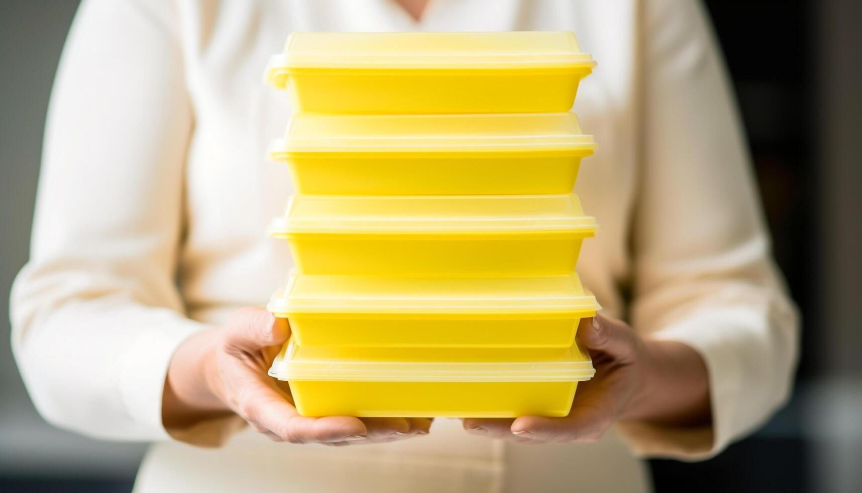 One woman holding yellow container, standing indoors, working in retail generated by AI photo