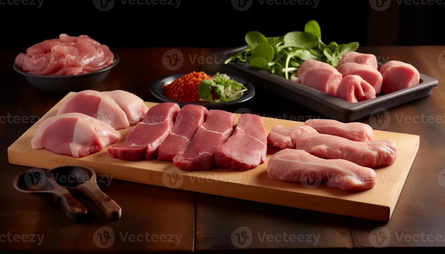 Grilled pork fillet on rustic wooden plate, high angle view generated by AI photo