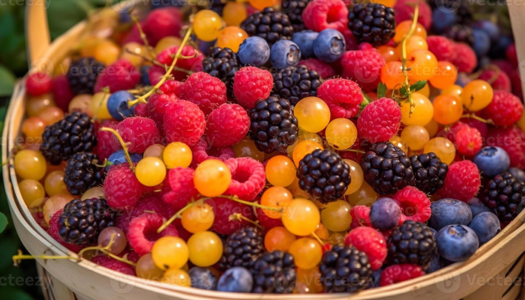 Summer basket of ripe, juicy berry fruit for healthy eating generated by AI photo