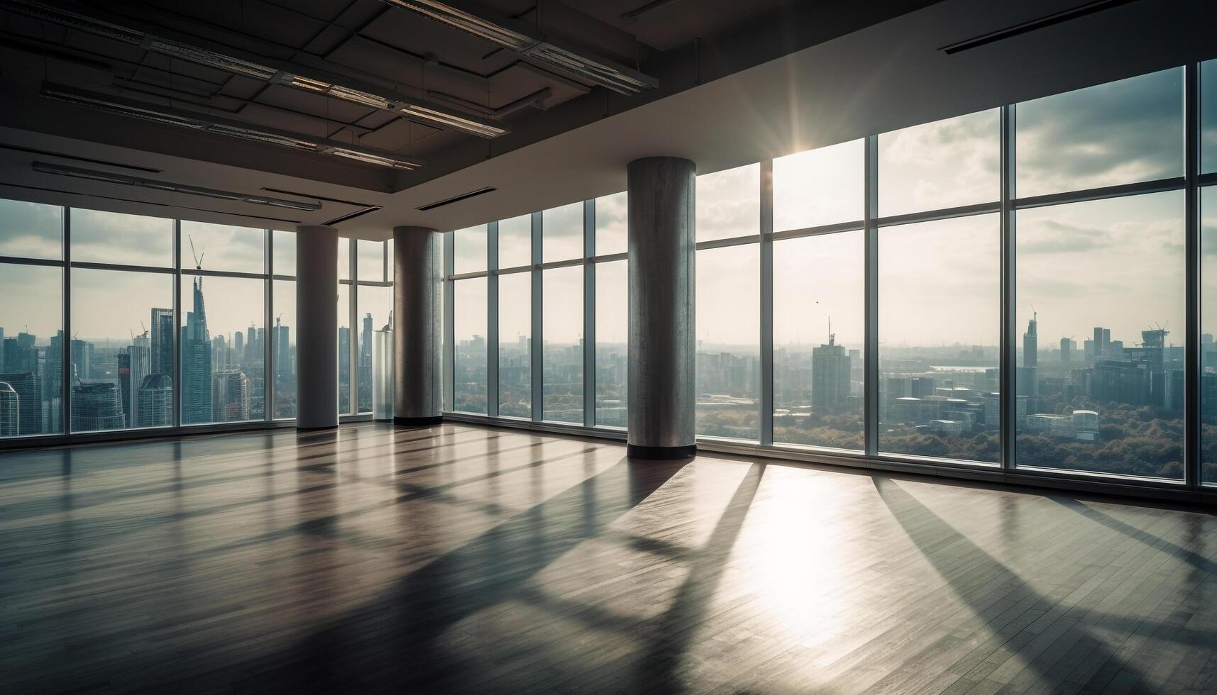 Modern urban skyline reflects in clean glass of futuristic skyscraper generated by AI photo