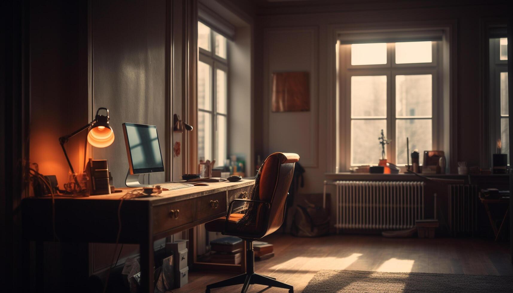 Modern office inside a comfortable, illuminated loft apartment with elegant design generated by AI photo