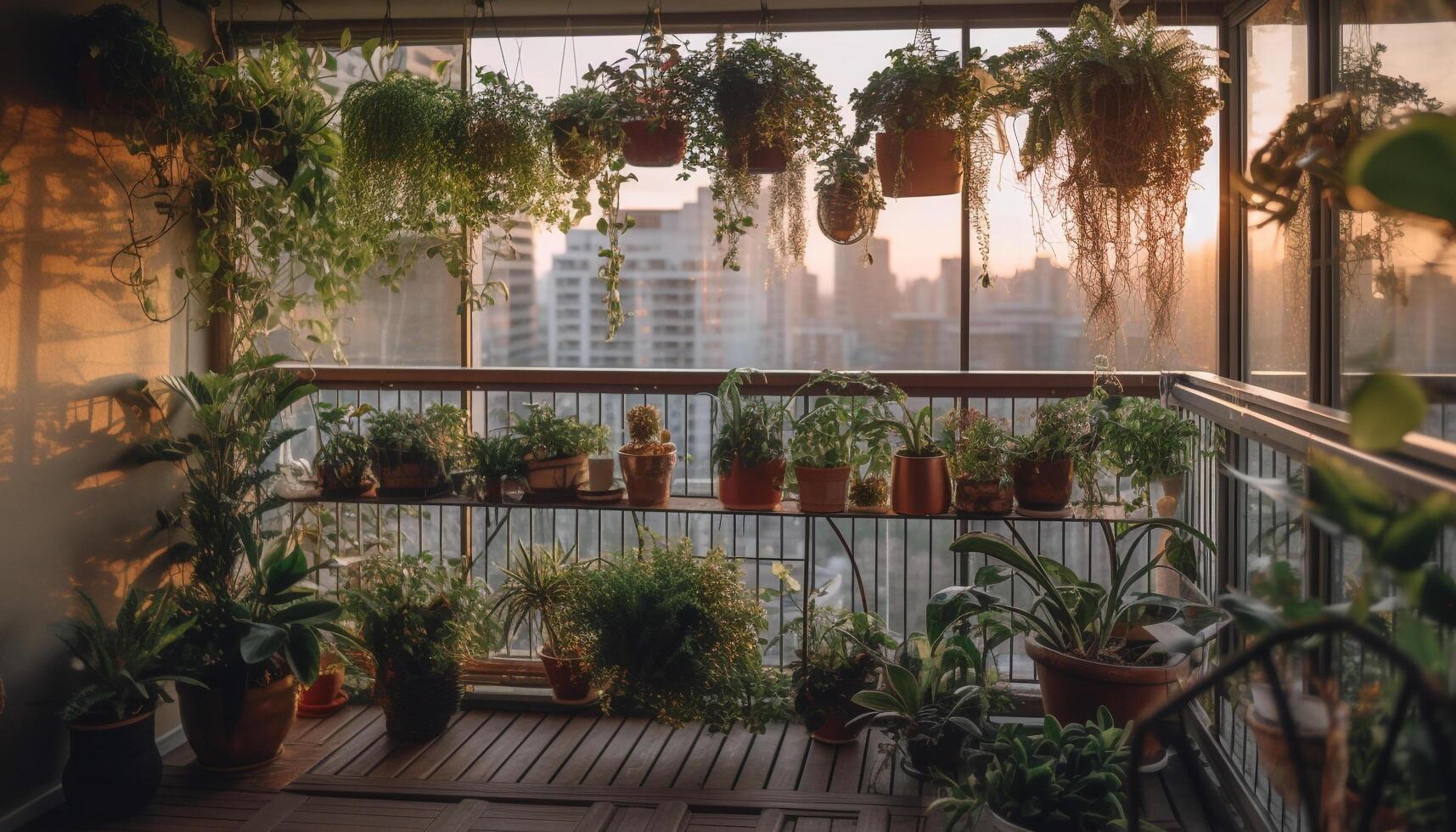 Modern design brings nature indoors with potted plants and greenery generated by AI photo