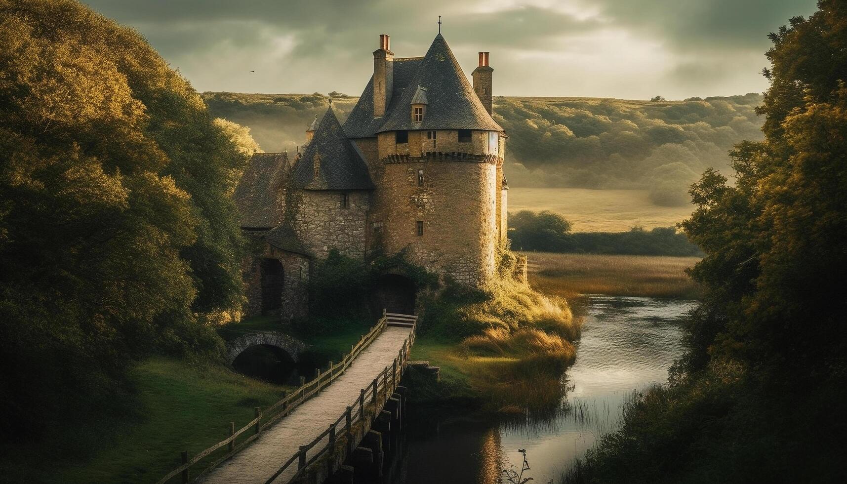 Medieval monument reflects ancient Christianity in idyllic rural landscape generated by AI photo