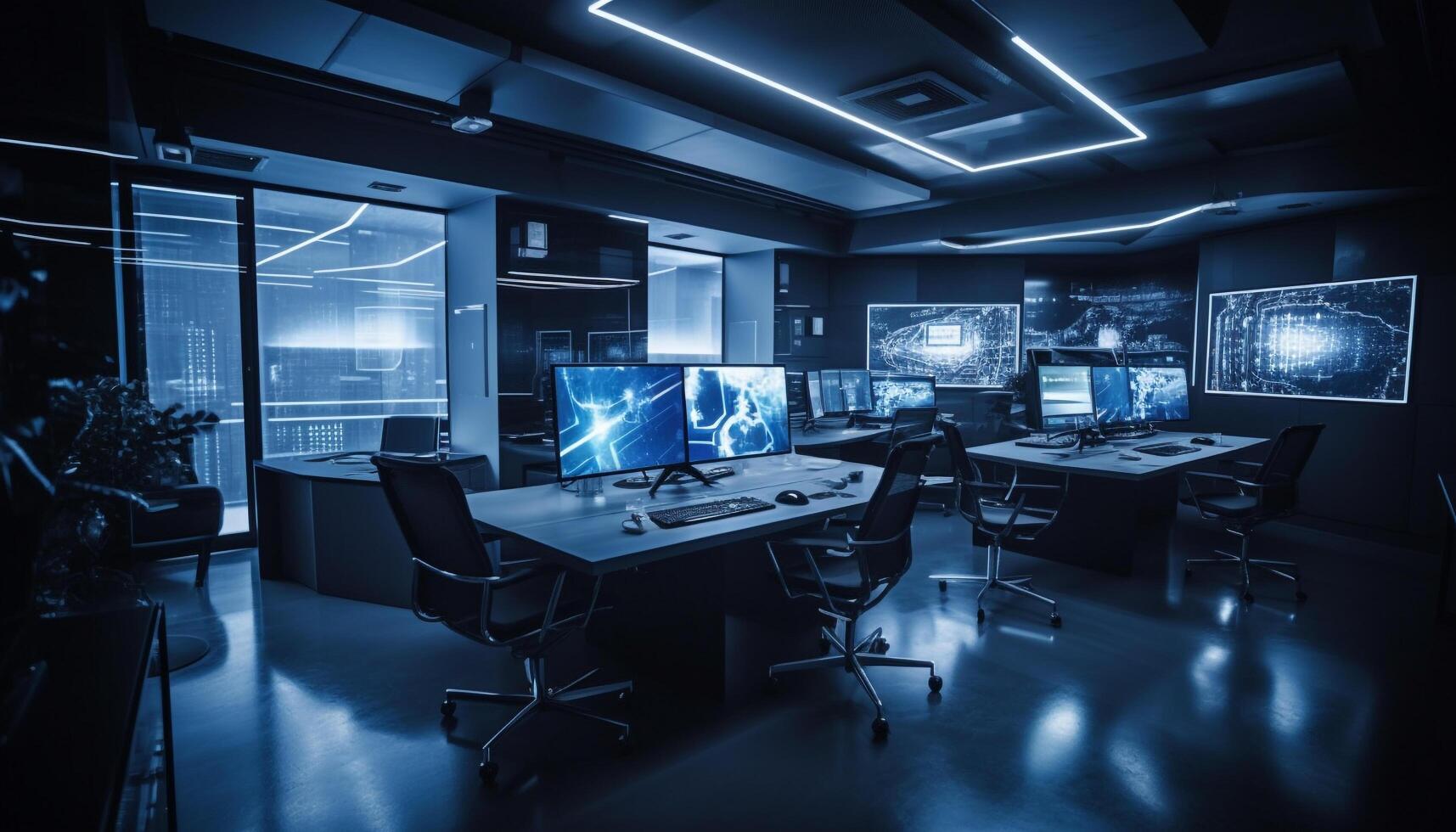 Modern office design with bright lighting, computer equipment and futuristic architecture generated by AI photo