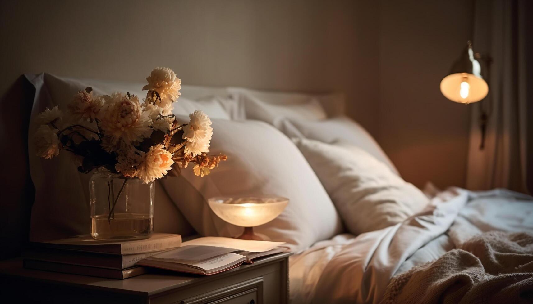 Luxury hotel suite with modern decor, comfortable bed, and elegant lighting generated by AI photo