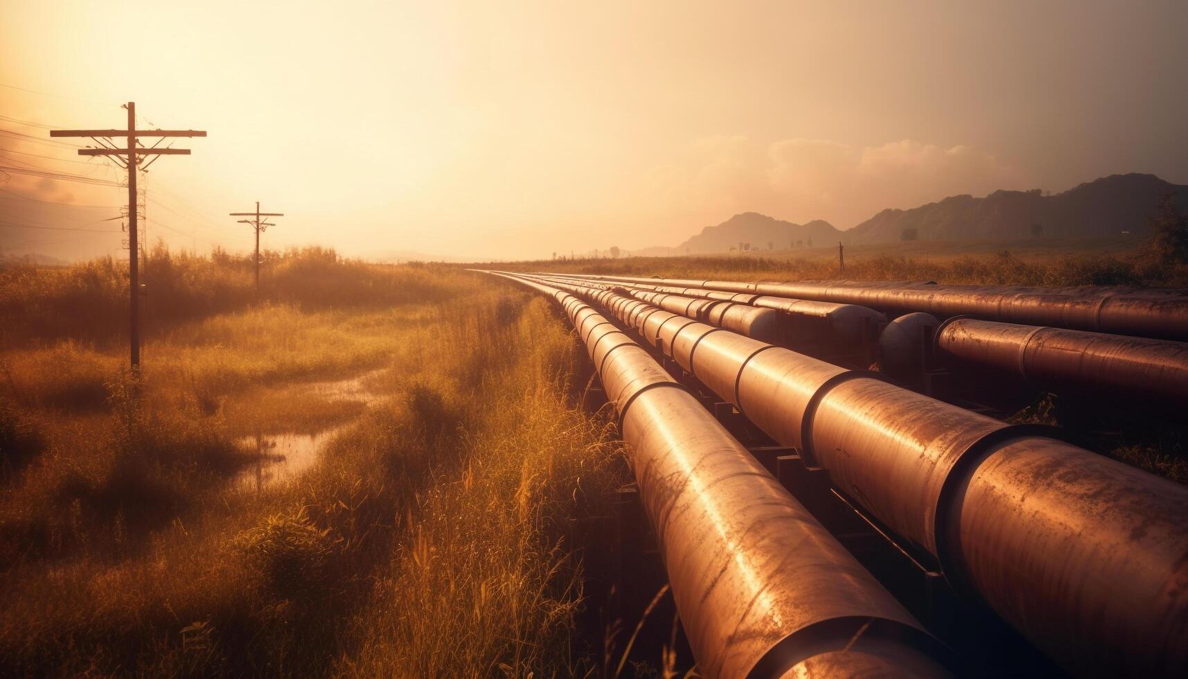 Sunrise illuminates metal pipeline in diminishing perspective through tree landscape generated by AI photo