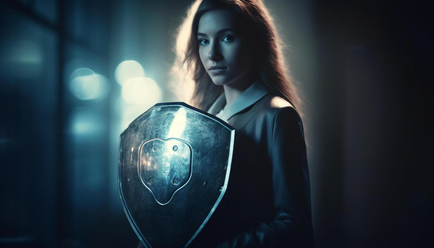 Confident young businesswoman holding a glowing shield for online privacy generated by AI photo