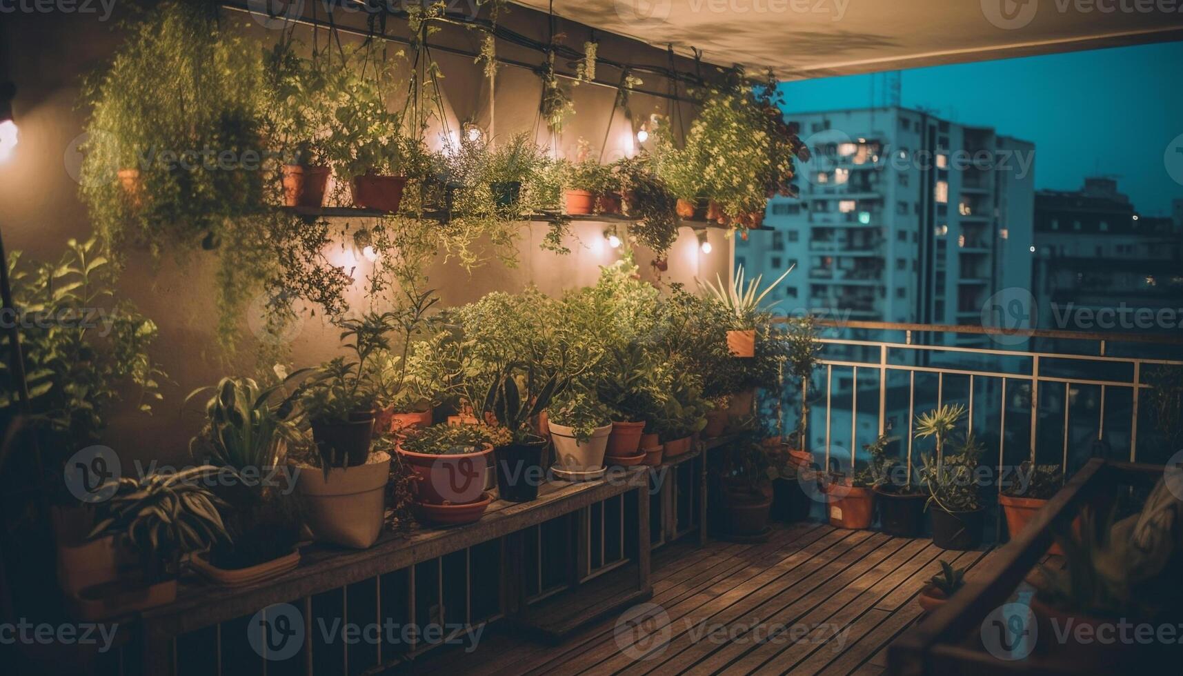 Illuminated plant on balcony, surrounded by nature growth and sunset generated by AI photo