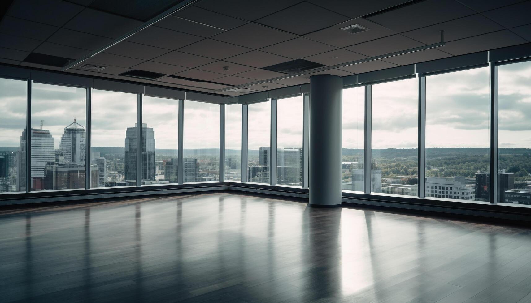 Modern skyscraper reflects city life through bright glass windows generated by AI photo