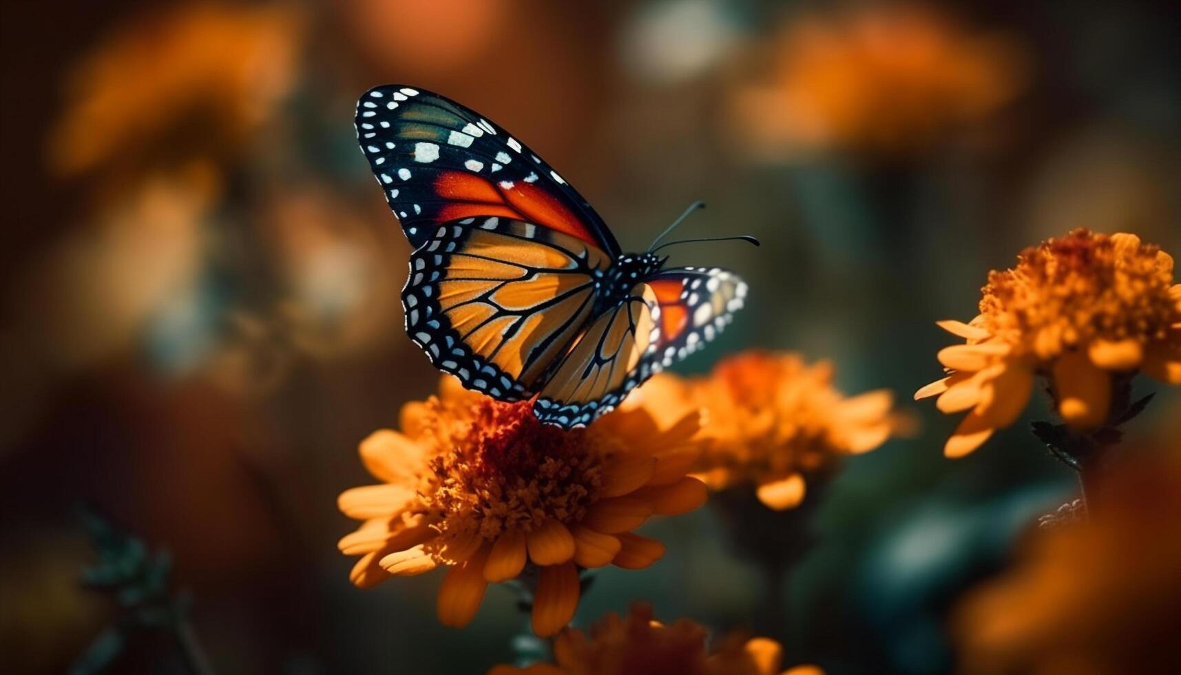 un tranquilo escena de un multi de colores mariposa polinizando un flor generado por ai foto