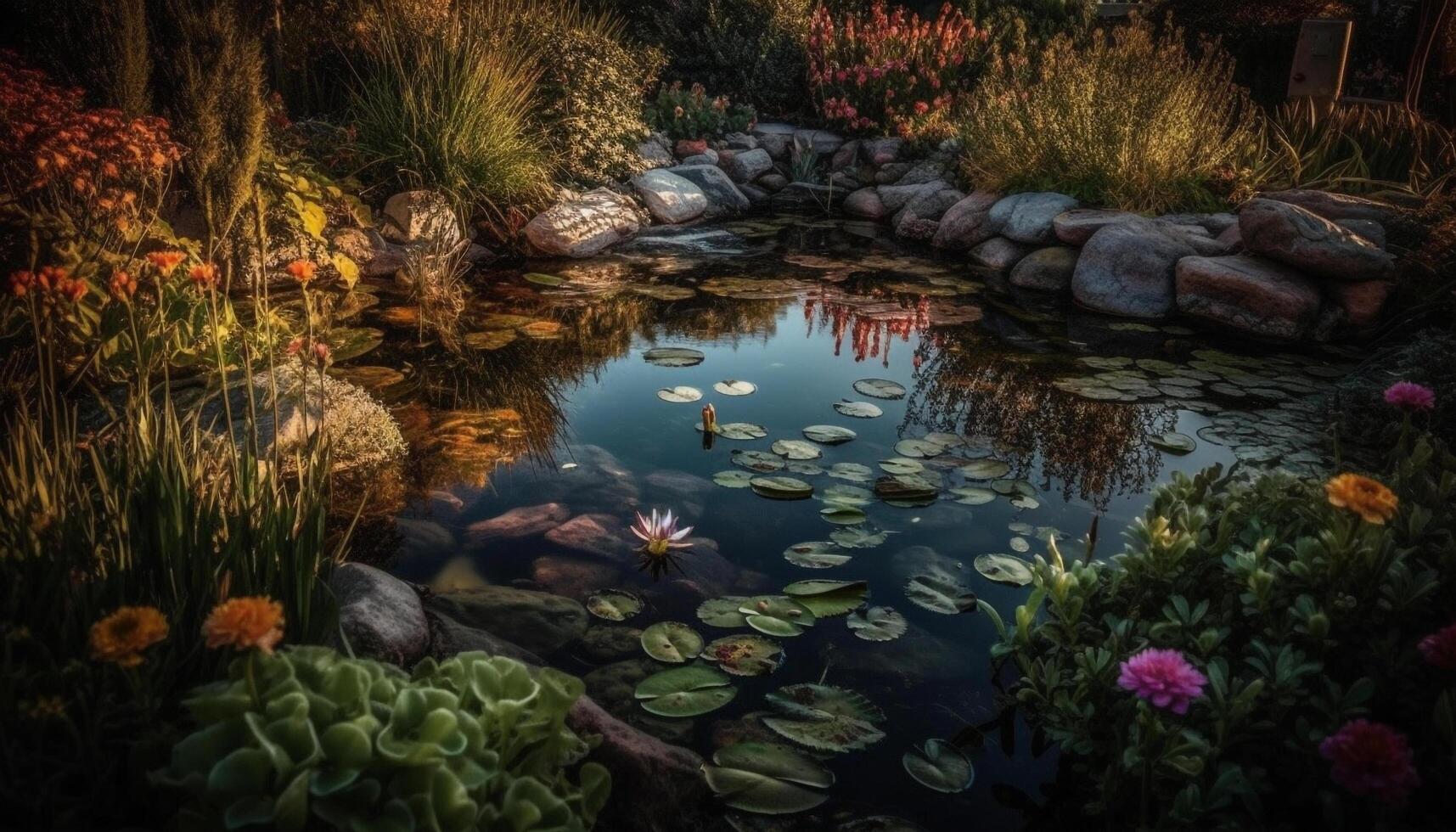 Tranquil scene of natural beauty pond reflects autumn forest landscape generated by AI photo