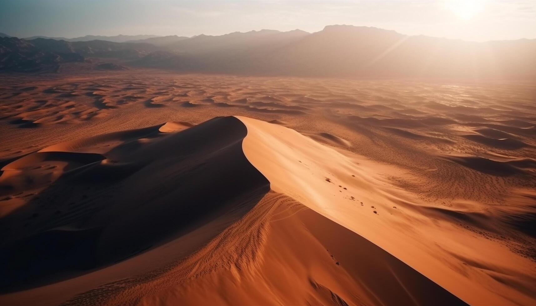 Majestic mountain range, tranquil sunrise, rippled sand dunes generated by AI photo