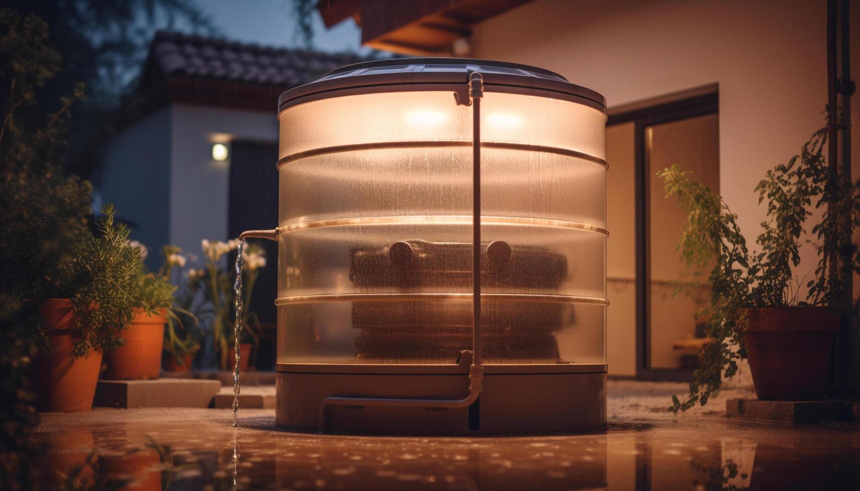 Old fashioned lantern illuminates outdoor table with wine and nature backdrop generated by AI photo