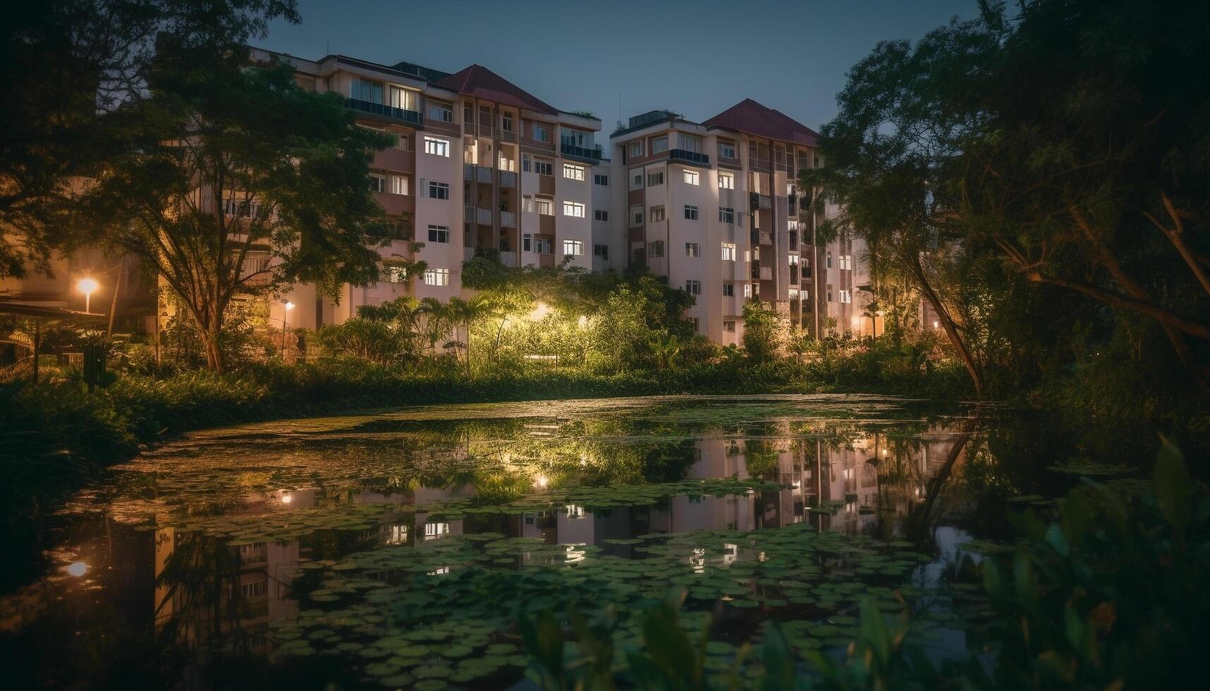Tranquil sunset reflects beauty in nature through modern skyscraper window generated by AI photo