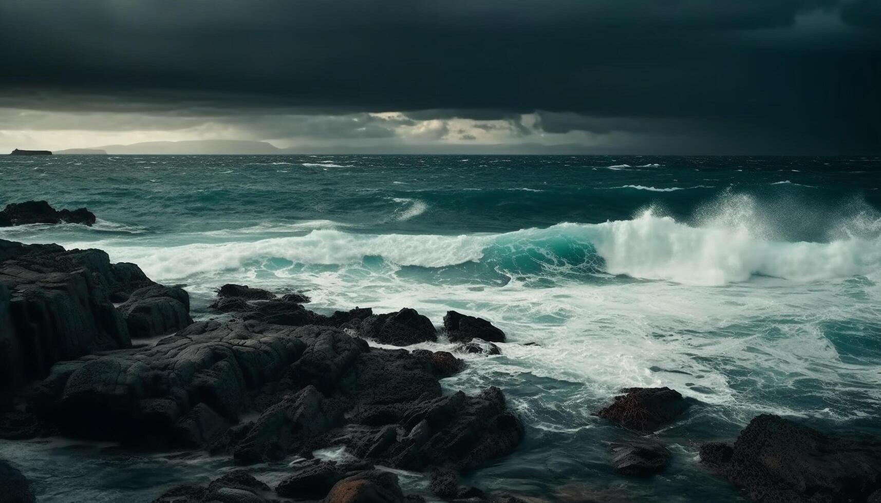 Breaking waves crash against rocky cliff in dramatic tropical storm generated by AI photo