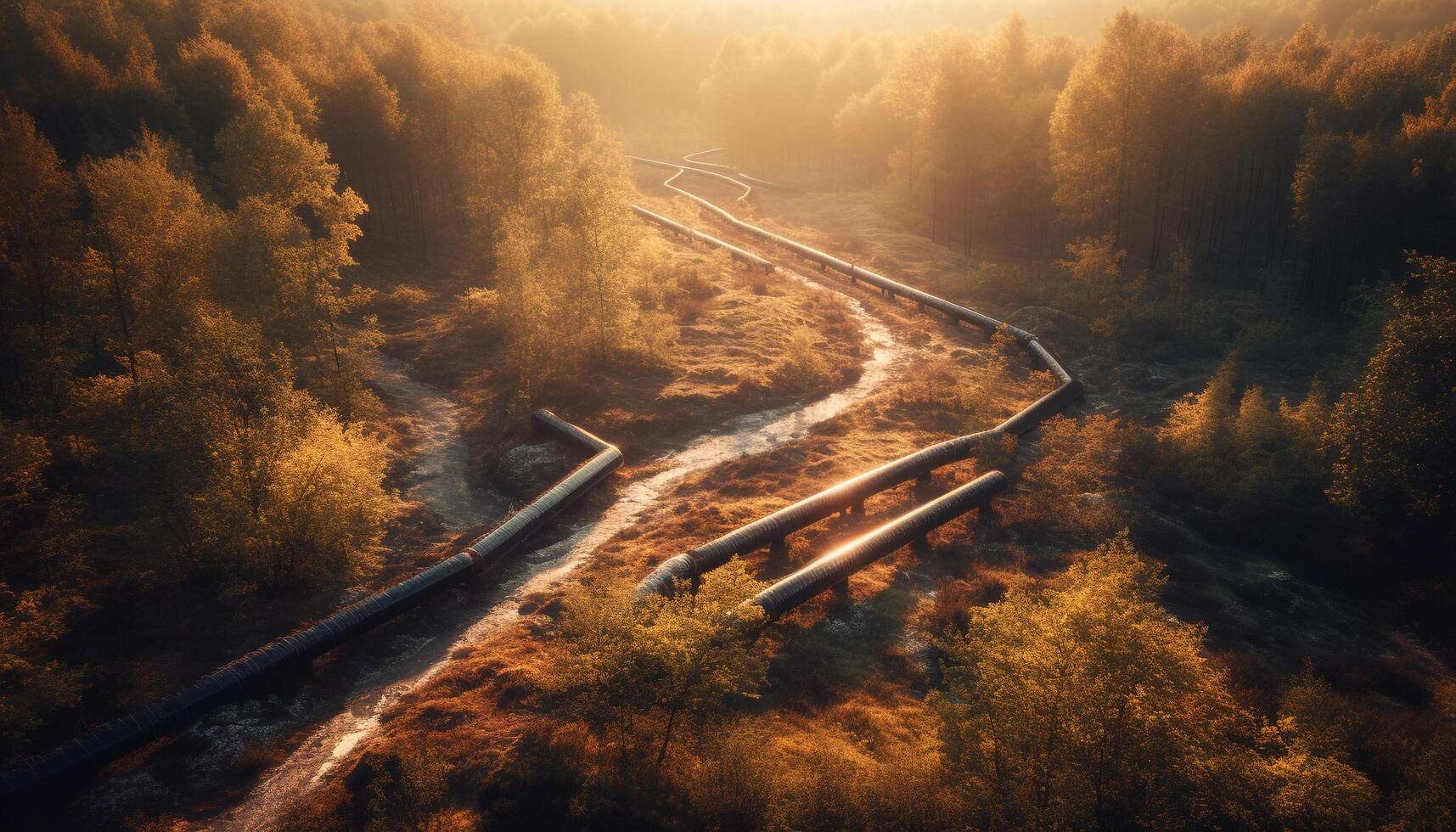 The tranquil scene of the forest at dusk, vanishing point generated by AI photo