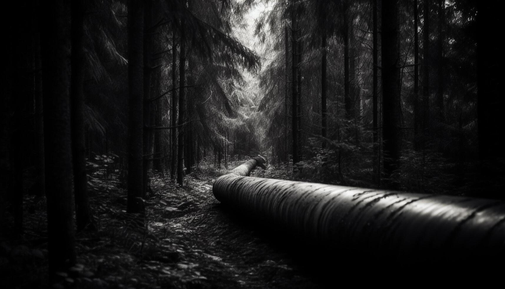 Vanishing point leads to spooky forest with wet, flowing pipeline generated by AI photo