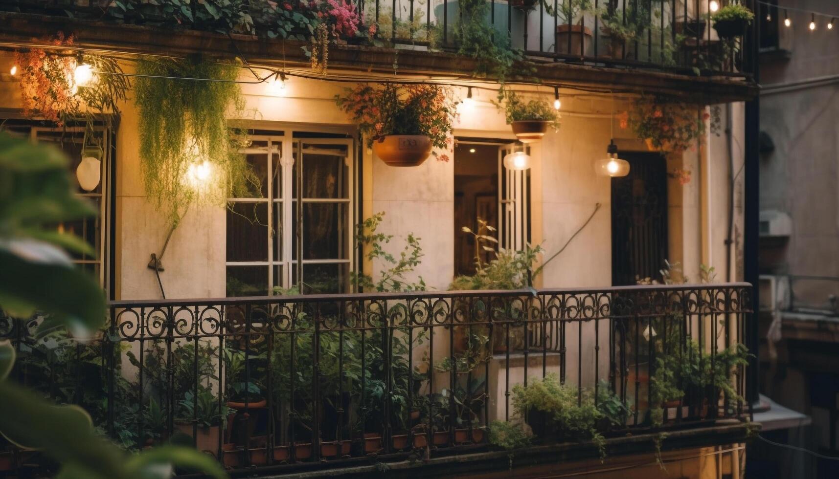 City life at twilight illuminated buildings, greenery, and historic architecture generated by AI photo